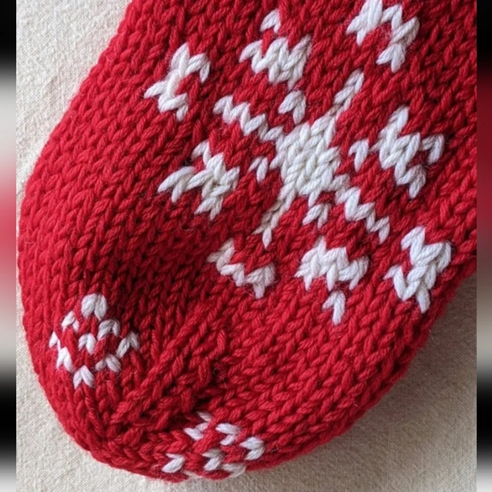 Crate & Barrel SNOWFLAKE Christmas Stocking Hand Knit Wool Red